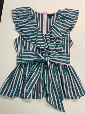Halogen Striped Ruffle Tie-Front Top in Teal and Light Pink